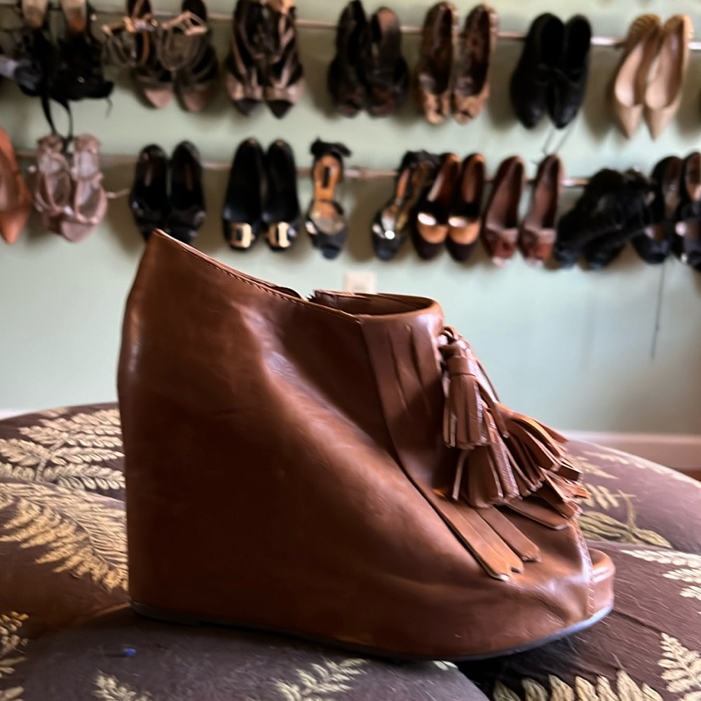 Jeffrey Campbell Havana Last tan peep toe wedge ankle bootie with tassels